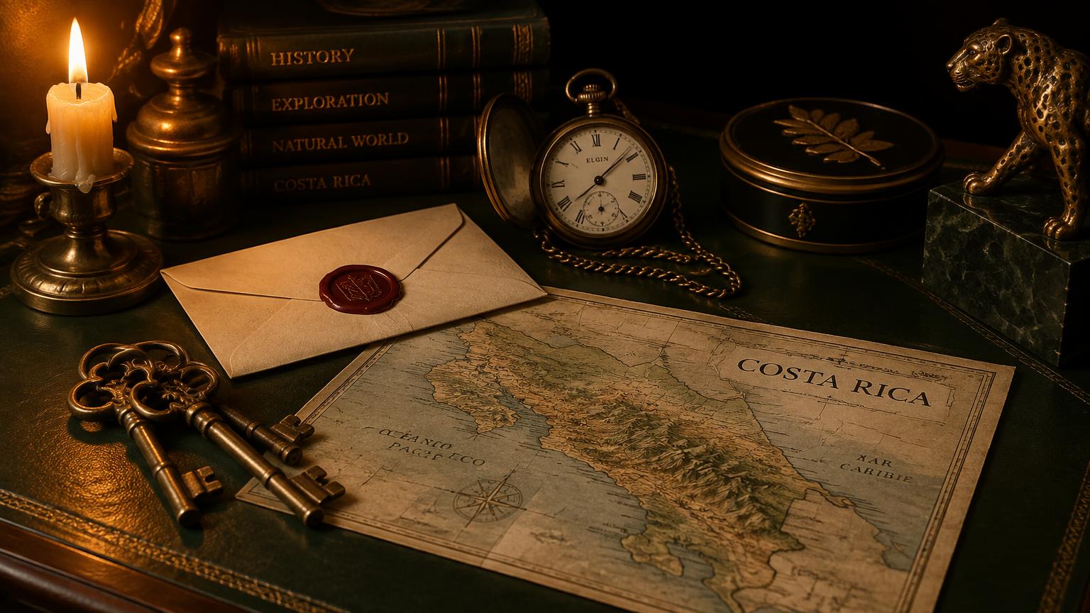 Escritorio de cuero con llaves antiguas, carta sellada y mapa de Costa Rica